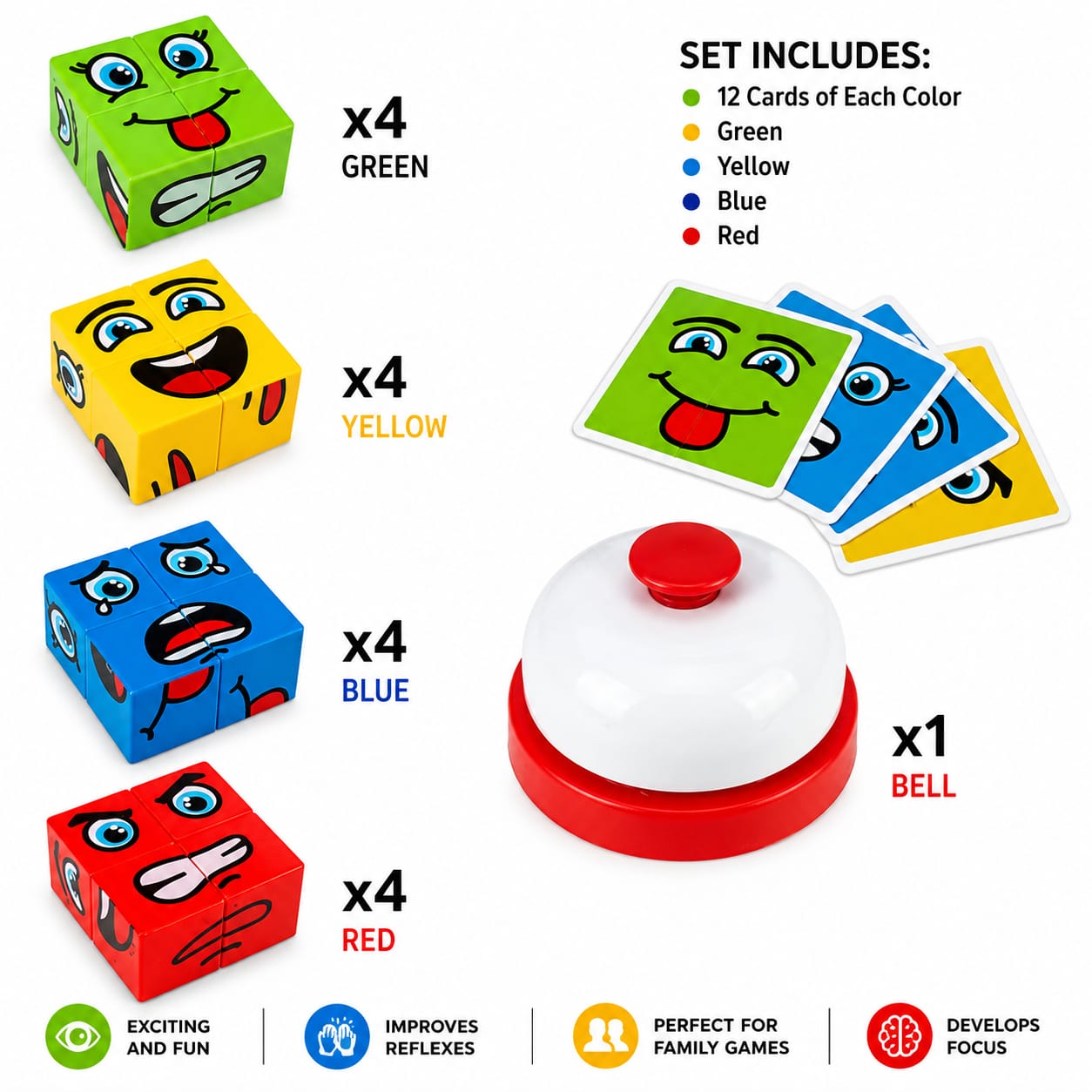 Plastic 3D Crazy Face Changing Puzzle Blocks Game Magic Cube Board Game for Kids - 64 Challenging Cards Learning Toy with Bell Educational Face Expression Matching Cube Toy with Challenge Cards | Brain Teaser & IQ Learning Game for Boys & Girls