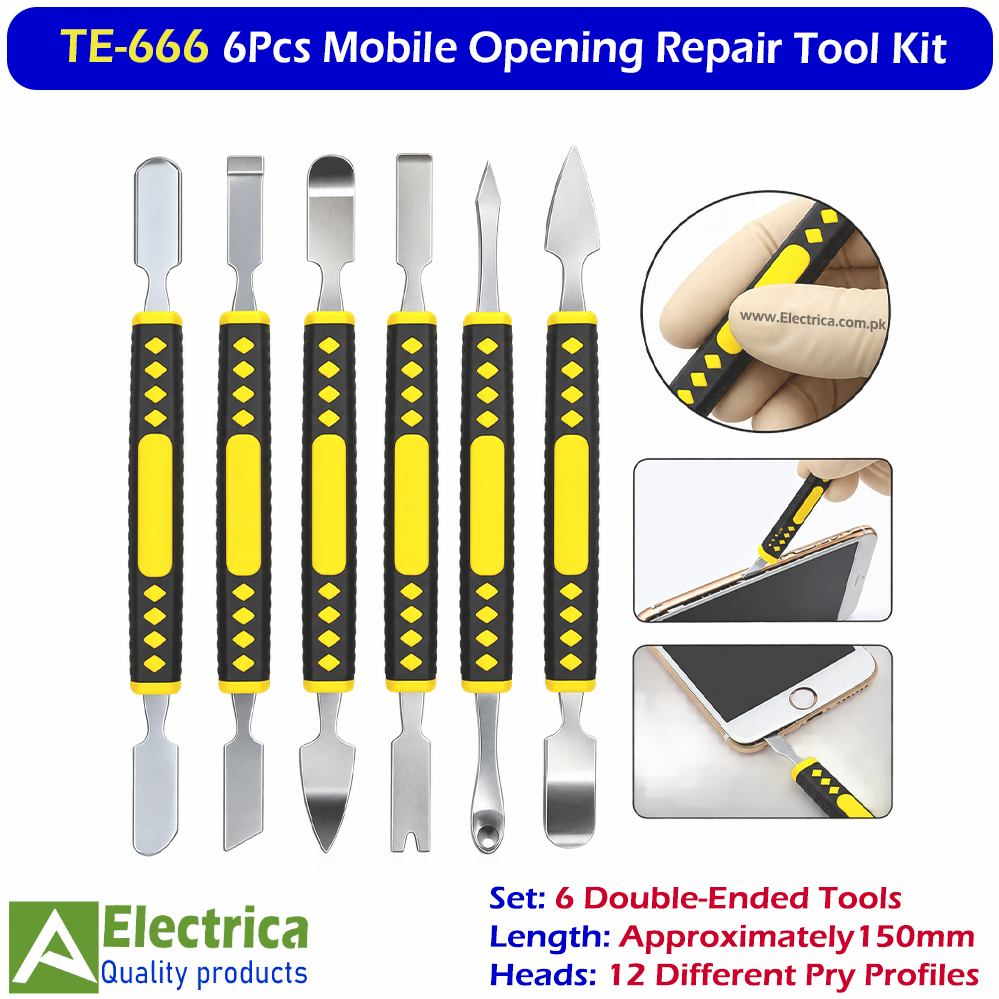 TE-666 6Pcs Mobile Opening Repair Tool Kit, 12 Different Pry Bar Heads, 150mm Double-Ended Metal Spudger Set for Phone & Electronics Repair by Electrica