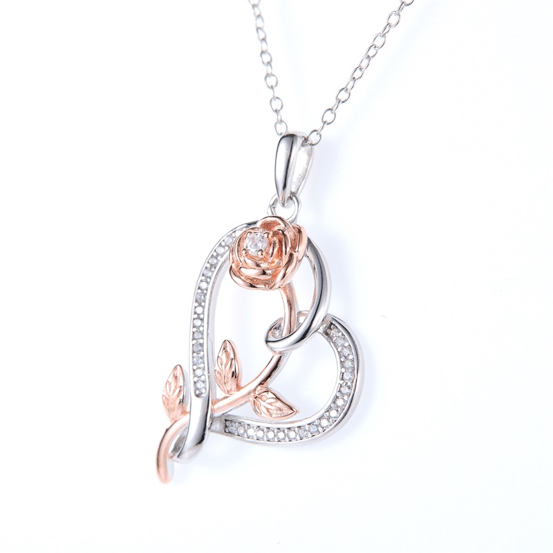 Heart & Rose Crystal Pendant Necklace for Women – Rose Gold & Silver Luxury Fashion Jewelry Gift