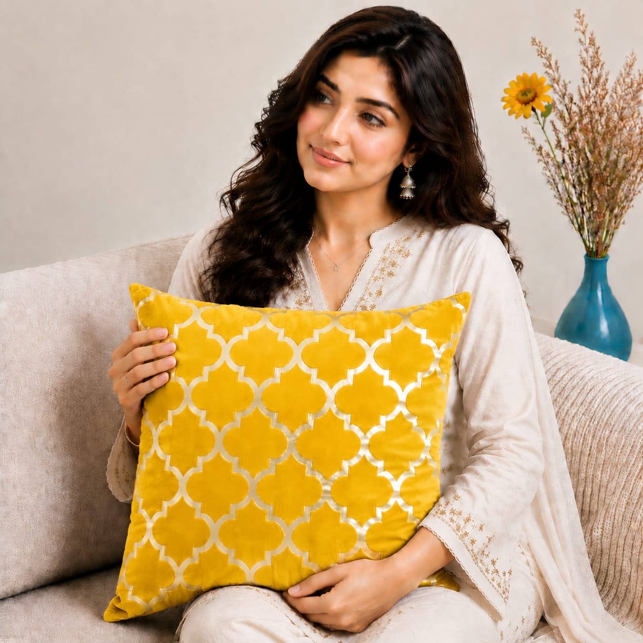 Elegant Geometric Pattern Velvet Cushion Cover 16x16 Inch Home Decor