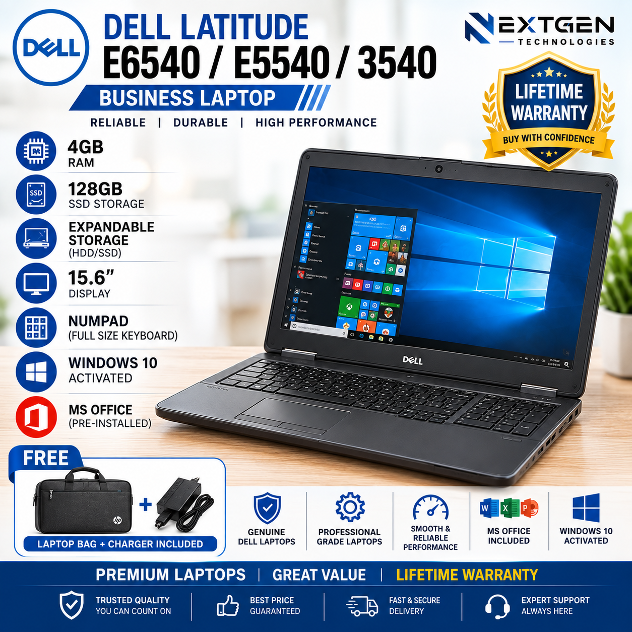 Dell Latitude E6540 / E5540 / 3540 Laptop | 4GB RAM | 128GB SSD | Expandable Storage | 15.6 Inch Display | Numpad | Windows 10 Activated | MS Office | Charger | Free Laptop Bag | Lifetime Warranty