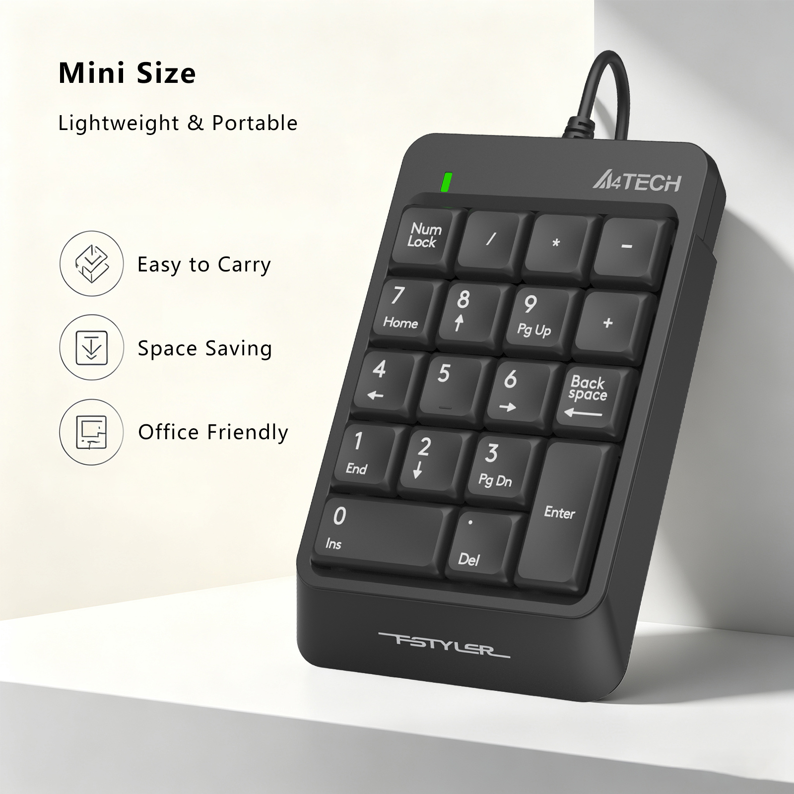 A4Tech FK13P FSTYLER Numeric Keypad - Sleek & Slim - Wired USB - Splash Resistant - Number pad for PC/Laptop - Black