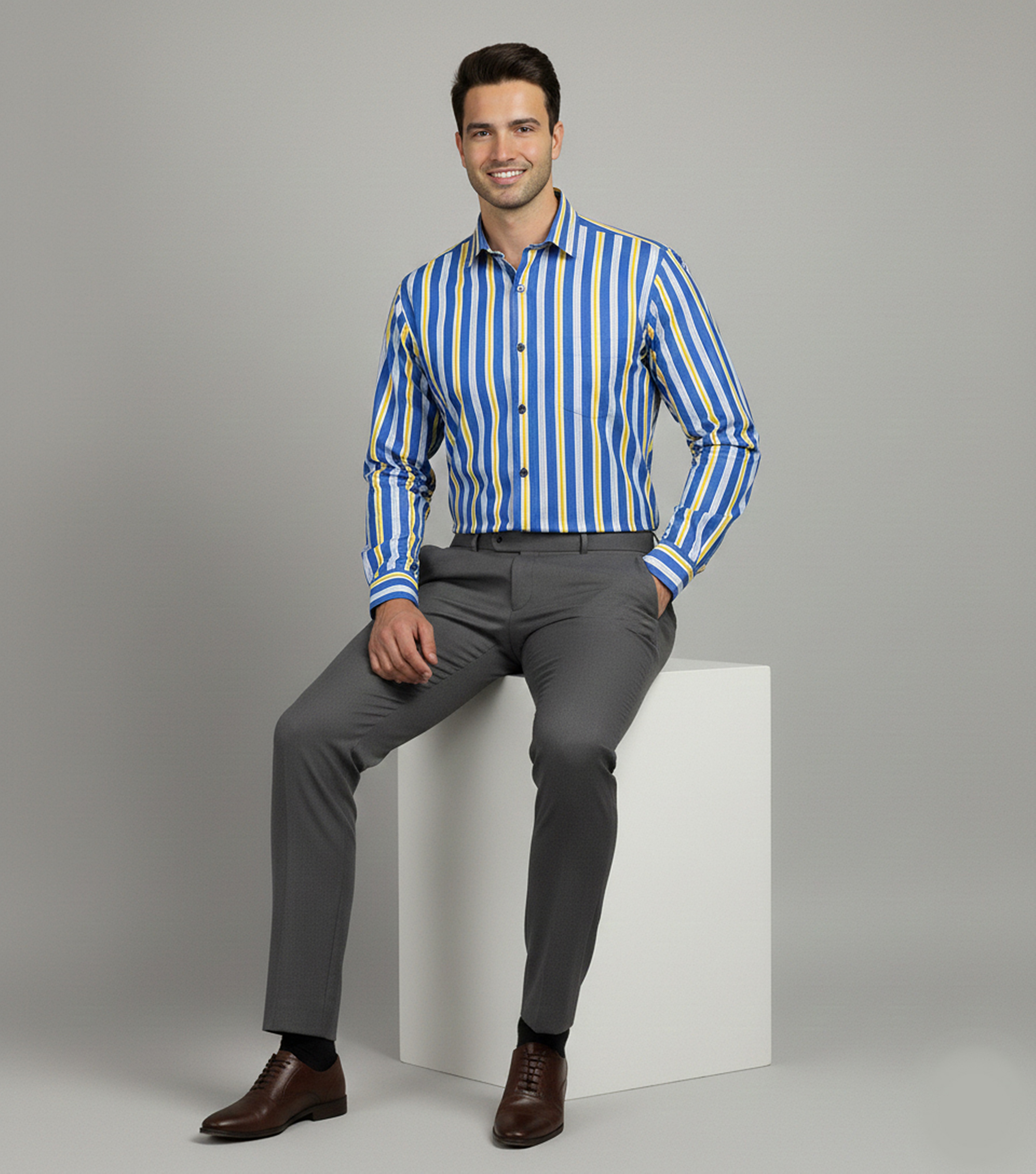 Auditors®️ Mens Semi-Formal Cotton Stripe Shirt Blue Colour 100% Pure Cotton Fabric For Year-Round - Code AMS-211