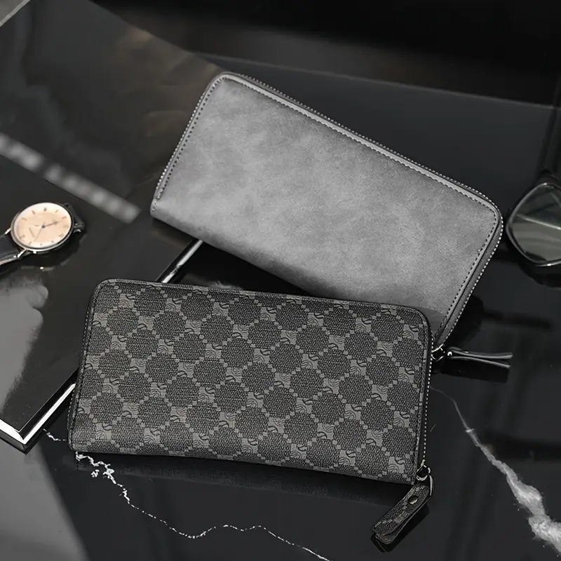 1 Sleek Men's Long Wallet - Business Casual Faux Leather with Geometric Pattern, Multi-Card Slots, Large Capacity Coin & Phone Holder, Zippered Compartments