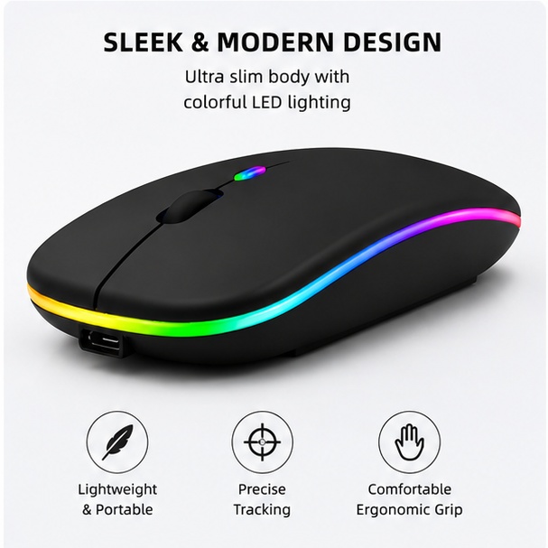 Wireless Mouse Bluetooth 5.2 + 2.4G | Rechargeable Silent Mouse with RGB LED Light | Slim Portable Mouse for Laptop PC Computer