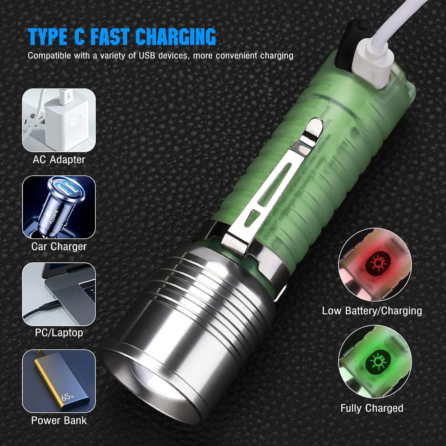 Premium Multifunctional Zoomable Flashlight Torch 520A LED Super Bright Rechargeable Long Range White Laser Light 8 Modes Flash light with Fluorescent Shell, Portable Hand Torch for Kite Flying  & Emergencies, Camping, Hiking, UV Light for Currency check