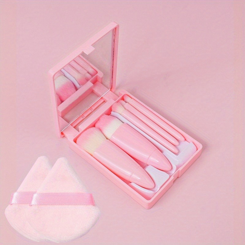 Tijarat Online 5pcs  Makeup Brush Set With Mirror Blush Powder Eyeshadow Highlighter Foundation Beauty Tool - Baby pink color