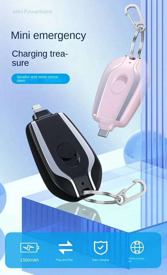 Portable Charger Keychain for Andriod, 1500mAh Mini Power Emergency Pod, Ultra-Compact External Fast Charging USB C Power Bank Battery Pack, Small Type-c Cell Phone Charger, for Samsung and More