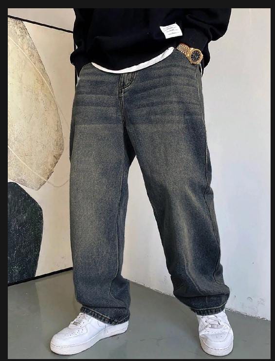 Men's Loose Fit Wide Leg Denim Jeans Retro Baggy Streetwear Trousers Casual Straight Leg Denim Pants