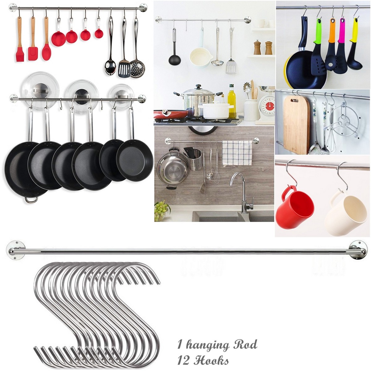 Wall Mount Kitchen Rail Set Utensils Pot Lid Storage Hanging 12