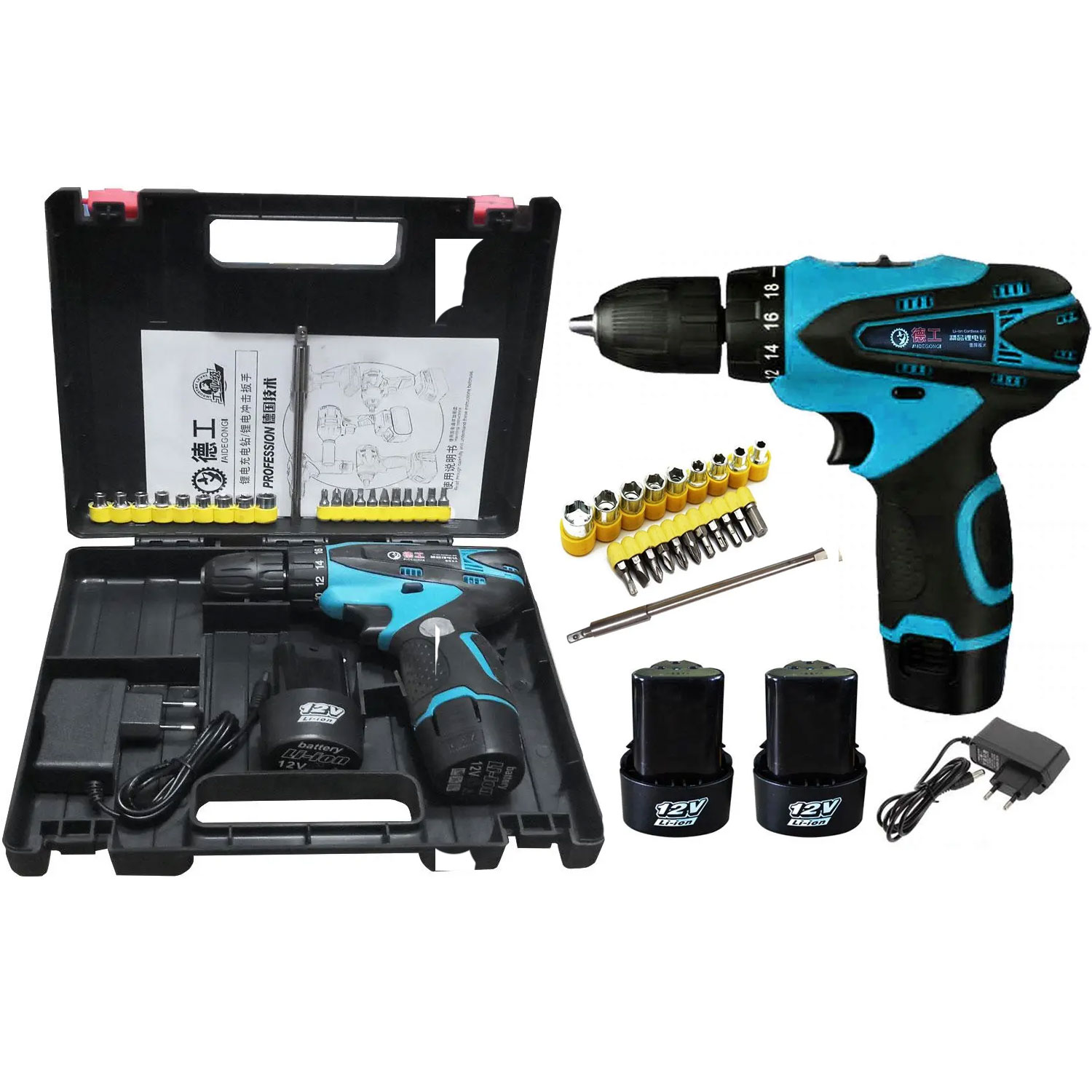 26 pcs Cordless Drill Speed Li-oin Battery Double Battery 12V