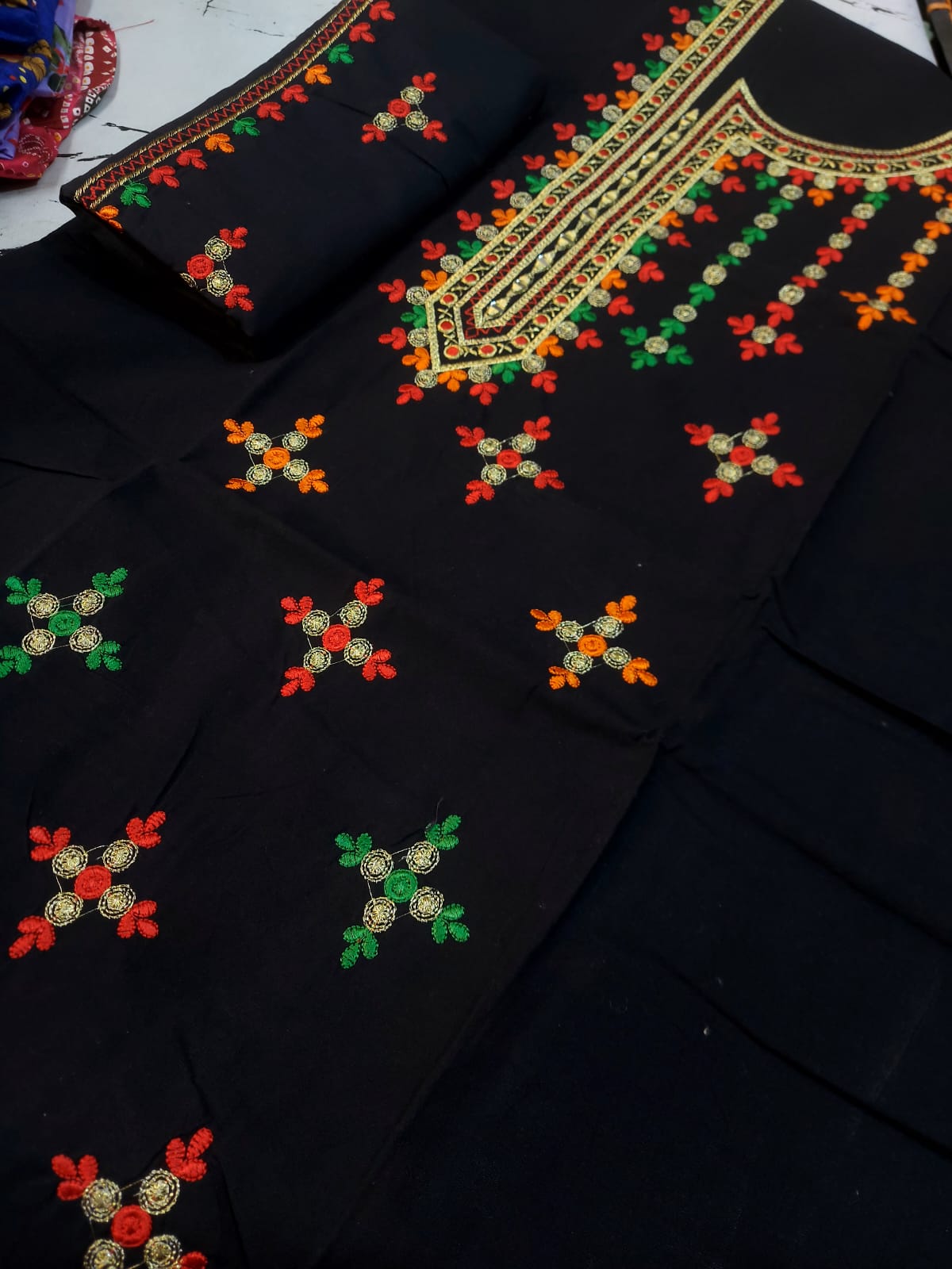 Unstitched Cotton Embroidered 2 Pcs Suit  Embroidered Shirt & Embroidered Trouser  Premium Summer Collection