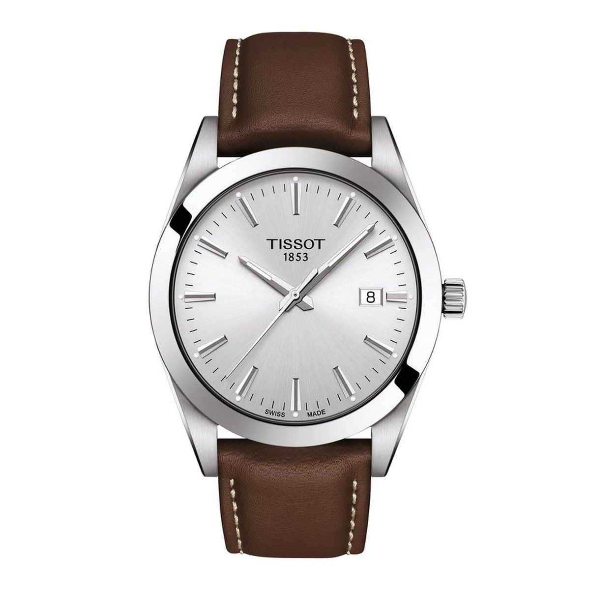 silver watch brown strap