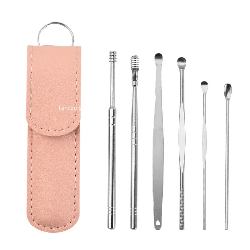 Professional 6 Pcs Stainless Steel Ear Wax Removal Kit, Reusable Ear Pick Tools, Spiral & Spring Earwax Extractor for Adults & Children, Portable Ear Hygiene Tool Set with Storage Bag, Non-Slip & Safe Design