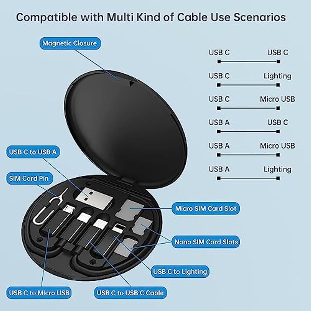 60W Fast Charging Data Cable Set 5 in 1 | Multi USB Cable with Type-C, Micro USB & Lightning | Universal Charger Set with Storage Box for Huawei, Xiaomi, Apple, Android & iPhone - portable data cable set- data cable - high quality data cable and converter price in Pakistan