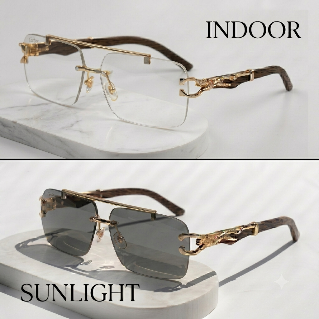 UrbanHive.pk Premium Solar Magic Cheetah Inspired Indoor White Outdoor In sunlight Black Style Photochromic Sunglasses For Men & Women - Rimless Transition Eyewear Glasses for Girls & Boys - Unisex Frameless Fashion Shades for Ladies