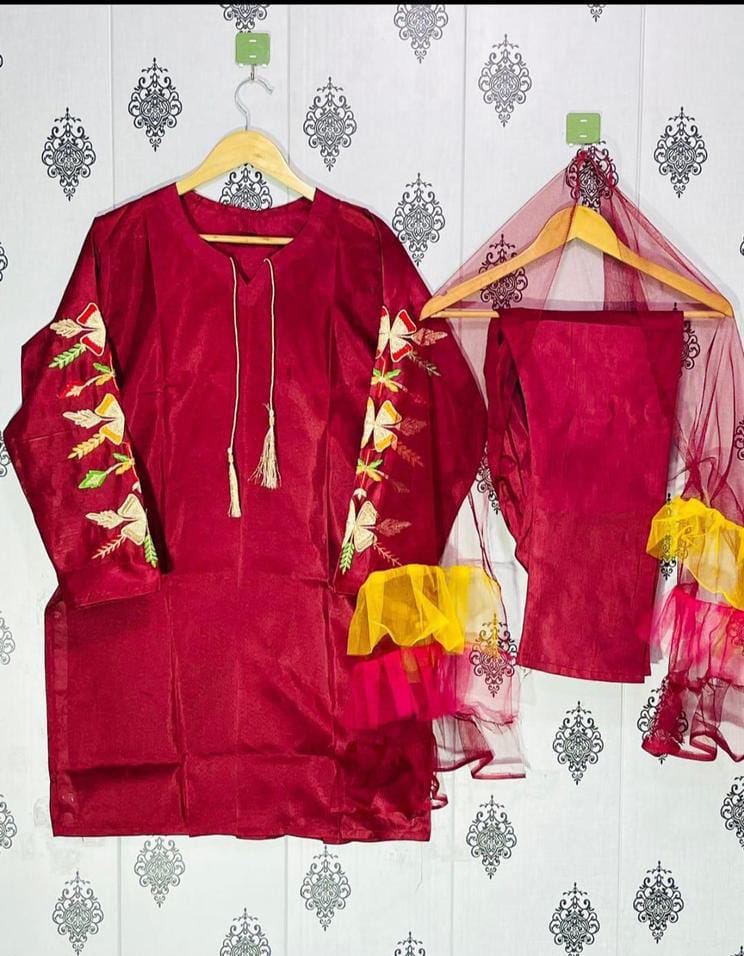 Katan Silk Fancy Net Dupatta Embroidery Three Pieces For Girls