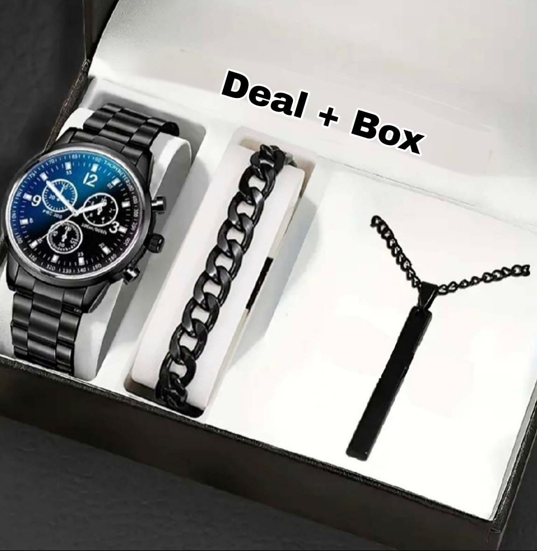 Casual Quartz Watch Set with Steel Band and Stainless Steel Bracelet for Men