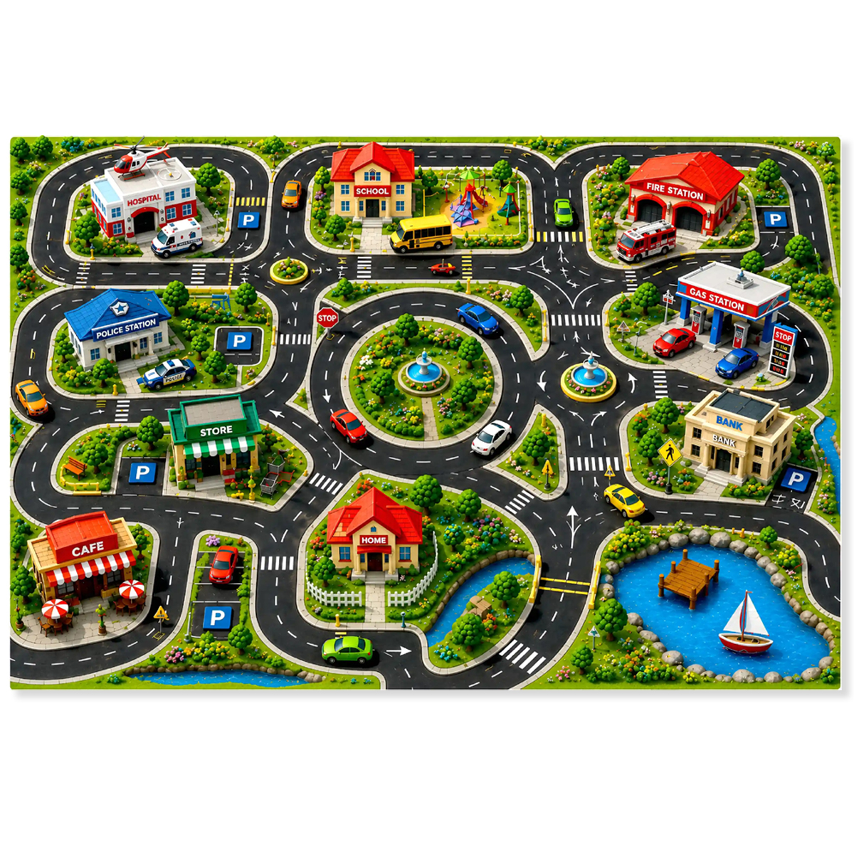3D Model City Road Map Theme Kids Play Vehicle Mat - ( Size 36 x 24 inch ) - Educational Waterproof Panaflex Sheet - Children Playing Activity Learning Teaching Route Playmat Cartoon Town With Metal Cars Toy Babies Boys Girls Fun Car Toys