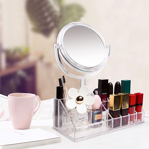 Makeup Organizer with 5X Magnifying Mirror Acrylic Vanity Mirror Countertop Cosmetic Organizer Lipsticks Brushes Holder for Bedroom Bathroom