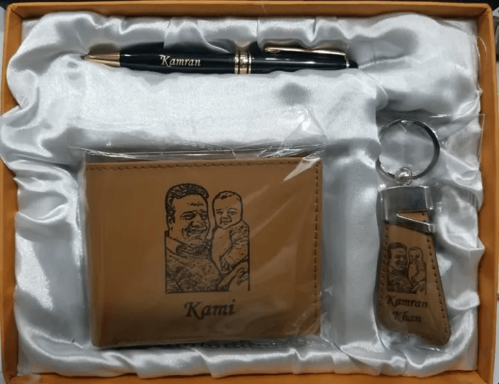 Customized Laser Sketch Photo & Name Men's Wallet, Pen & Keychain 3-in-1 Gift Box Set - Personalized Picture Line-Art Engraved Executive Combo Gift Pack for Men, Husband, Father, Boss