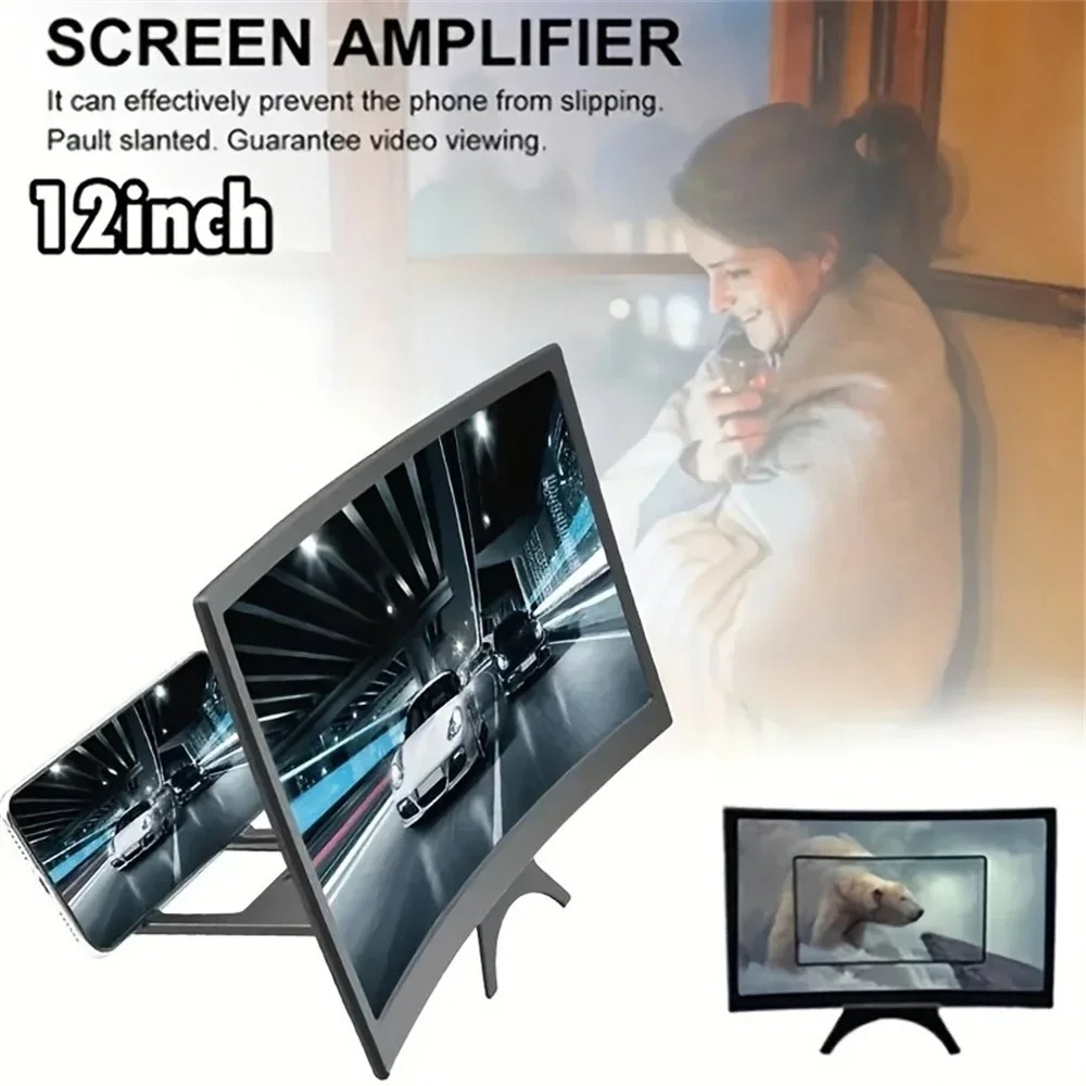 12-Inch Curved Screen Magnifier & 3D HD Mobile Display Amplifier | Universal Portable Desk Holder Stand
