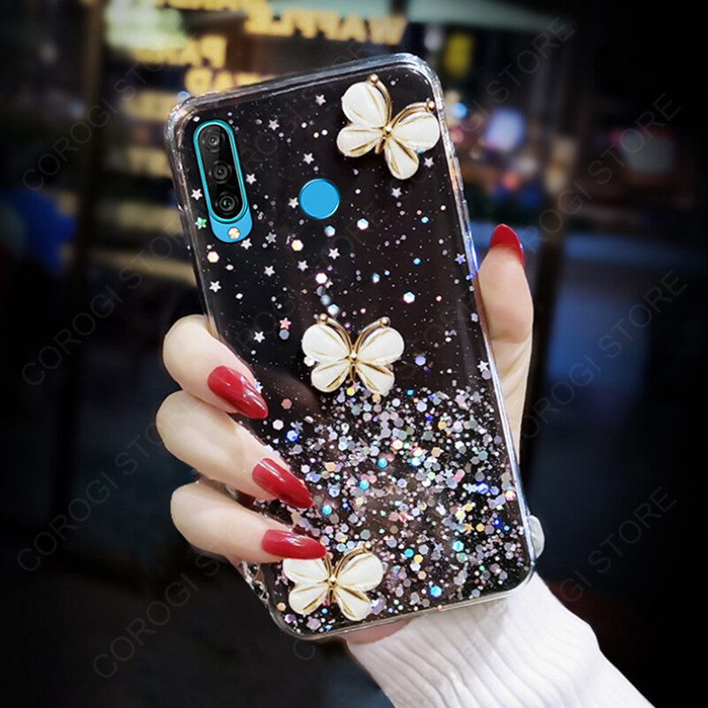 IMEIKONST Cover Glitter Per Huawei P30 Lite – Custodia Morbida Con Specchio E Porta Carta, Nero DJJ - 4