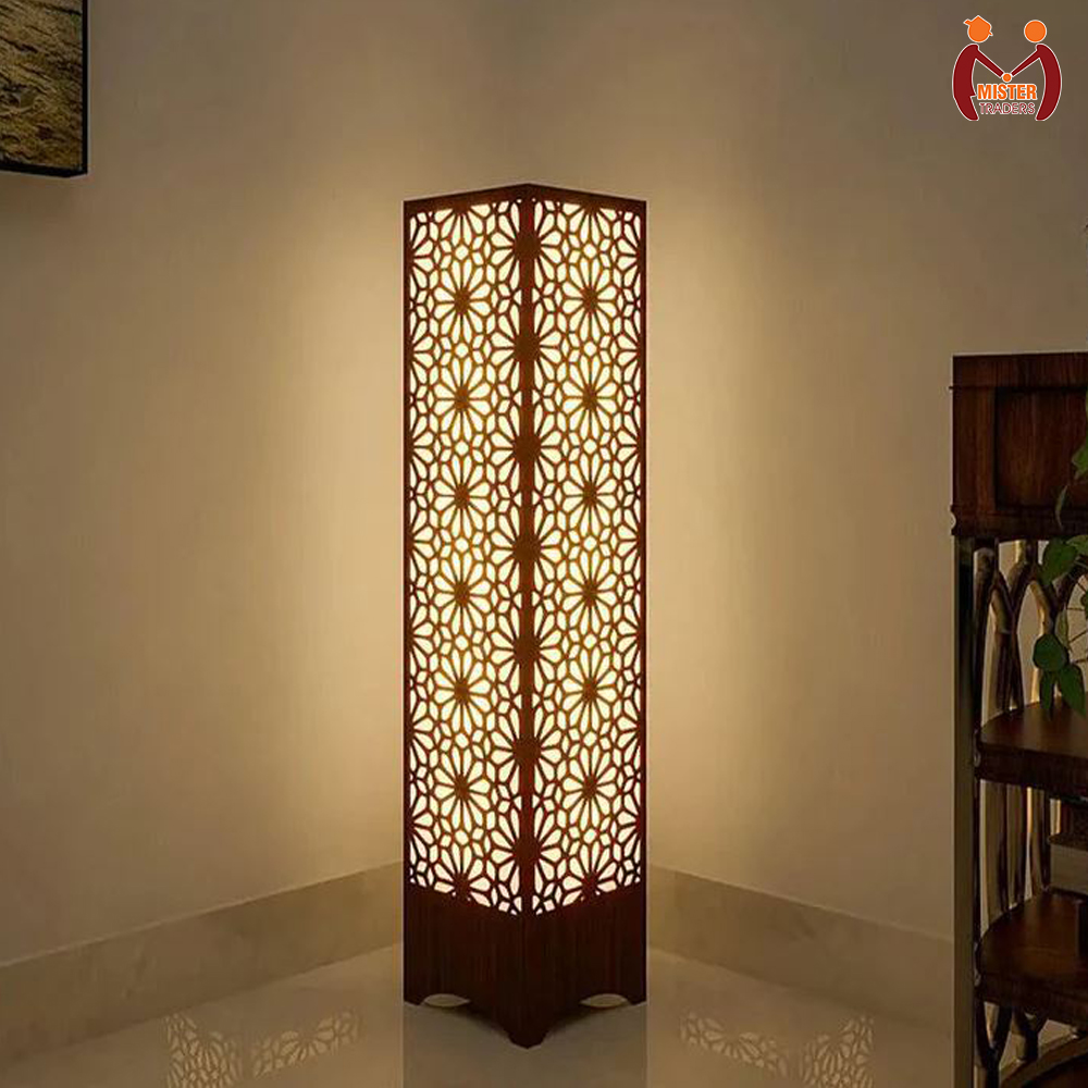 Wooden Floor Lamp – Modern Tall Standing Lamp with Decorative Laser Cut Design – Stylish Living Room & Bedroom Light Décor – Floor Lamp – Floor Lamps – Lamp – Lamps – Mister Traders Brand Floor Lamp
