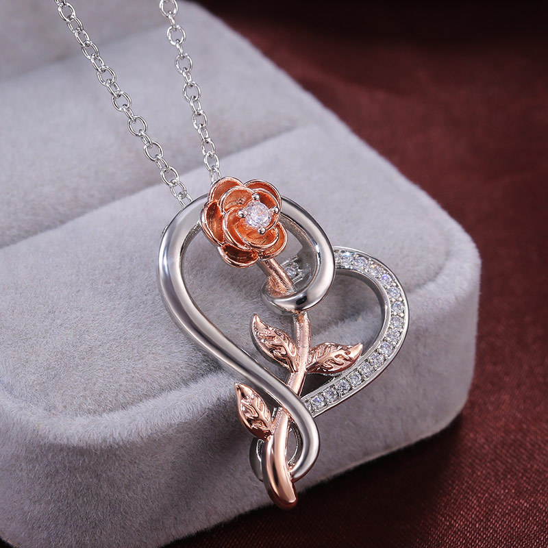 Heart & Rose Crystal Pendant Necklace for Women – Rose Gold & Silver Luxury Fashion Jewelry Gift