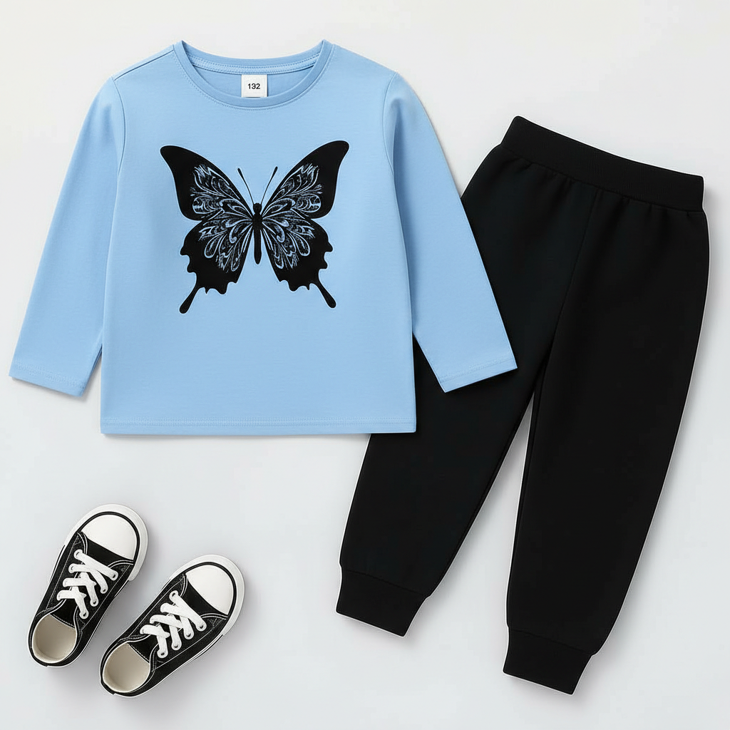 Summer Butterfly Print Kids Tracksuit – Full Sleeve Top & Trouser Set