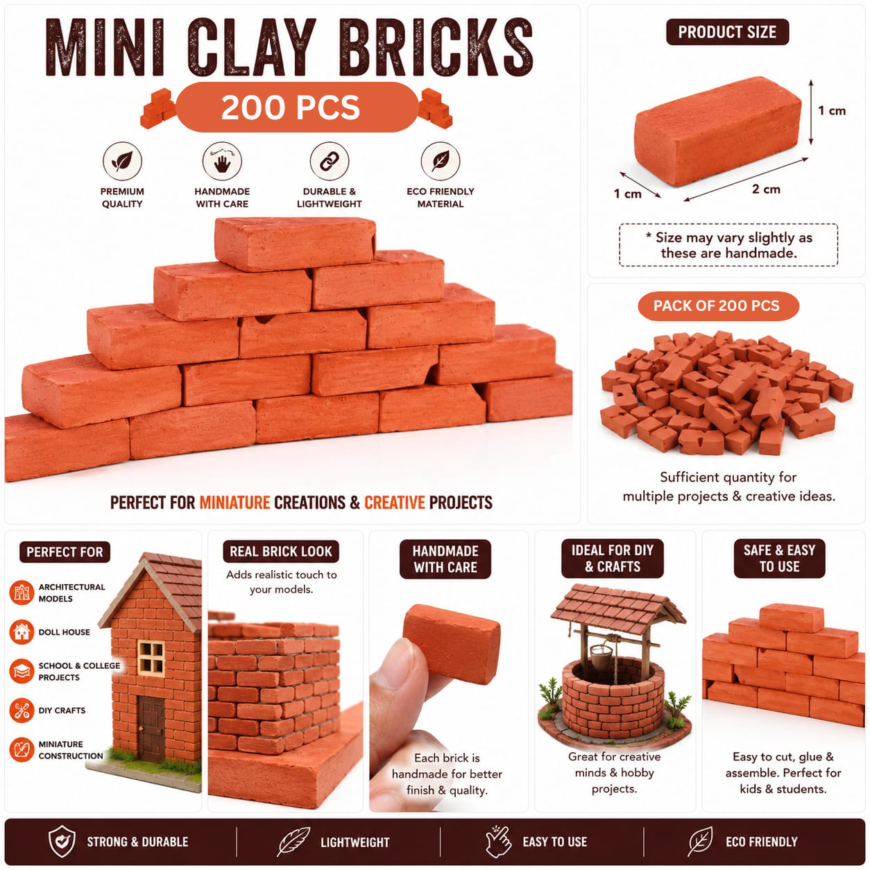 200 PCS Mini Clay Bricks | Handmade Mini Red Bricks for Doll House & Miniature Construction | Architectural Models, School Projects, DIY Crafts & Model Building