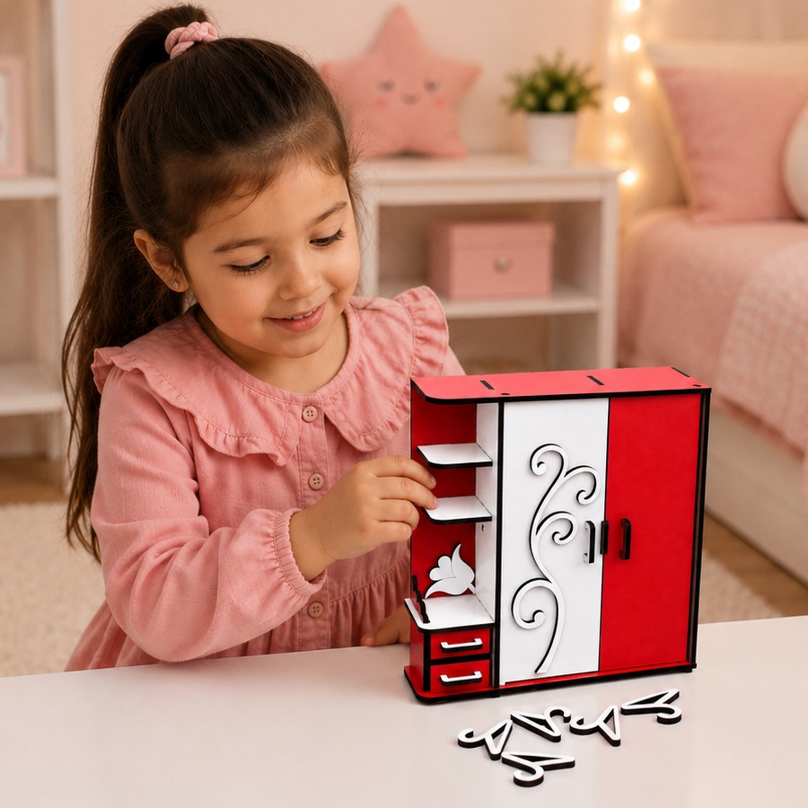 Fashion doll room Closet 1.12 scale toy for kids and dollhouse, Laser Cut Miniature Wardrobe with Shelf Dollhouse Furniture, Closet Doll Furniture for Doll House