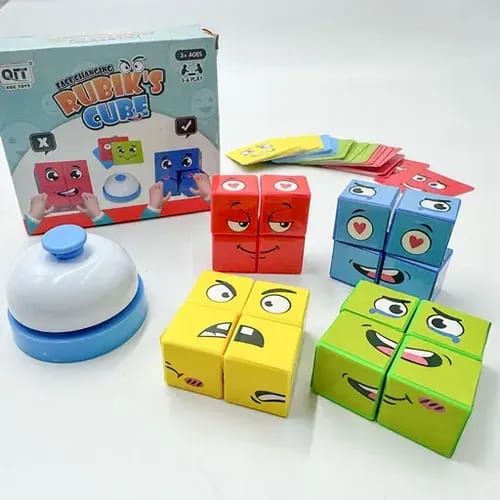 Plastic 3D Crazy Face Changing Puzzle Blocks Game Magic Cube Board Game for Kids - 64 Challenging Cards Learning Toy with Bell Educational Face Expression Matching Cube Toy with Challenge Cards | Brain Teaser & IQ Learning Game for Boys & Girls