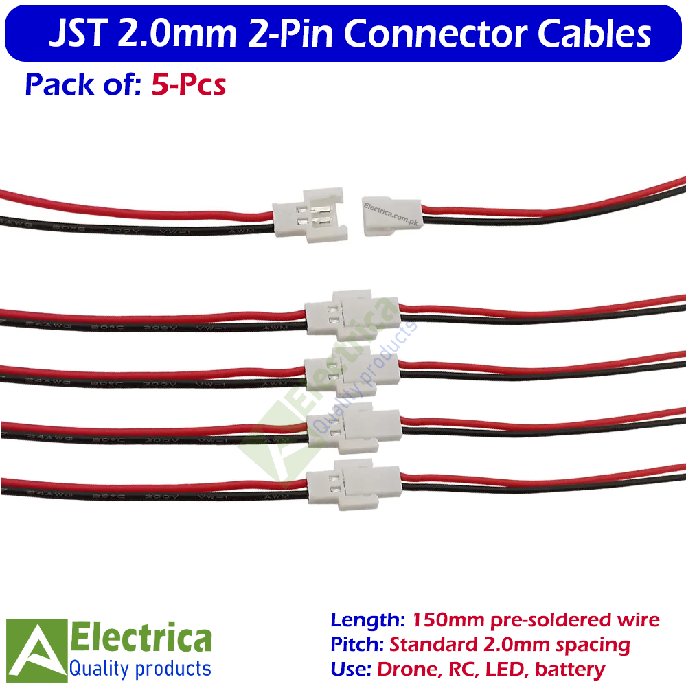 JST 2.0mm 2-Pin Male Female Connector Cable Pair 150mm Pre-Soldered Wire for LiPo Battery, Drone, RC, LED & DIY Electronics 5 / 20 Pairs by Electrica