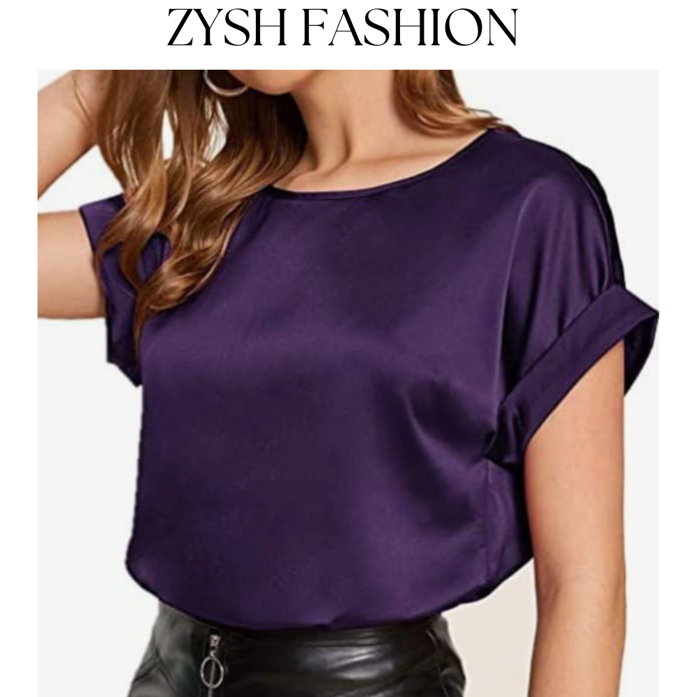 Zysh Fashion Elegant Short Sleeve Silk Blouse with Round Neck in Assorted Colors