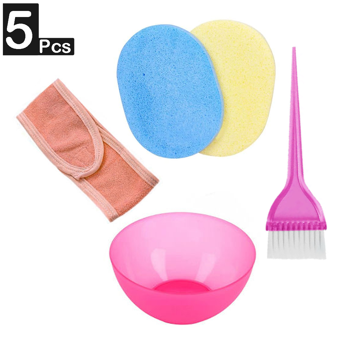 5 Pcs Facial Bowl Set - 2 Sponge 1 Mask Mixing Bowl 1 Bleach Brush 1 Towelling Headband Hairband Hair Wrap Toweling Head Band Facial Cleansing and Makeup Remover Face Wash Cleaning Pad Puff With Skin Care Kit Brushes Beauty Tools Girls Women Ladies
