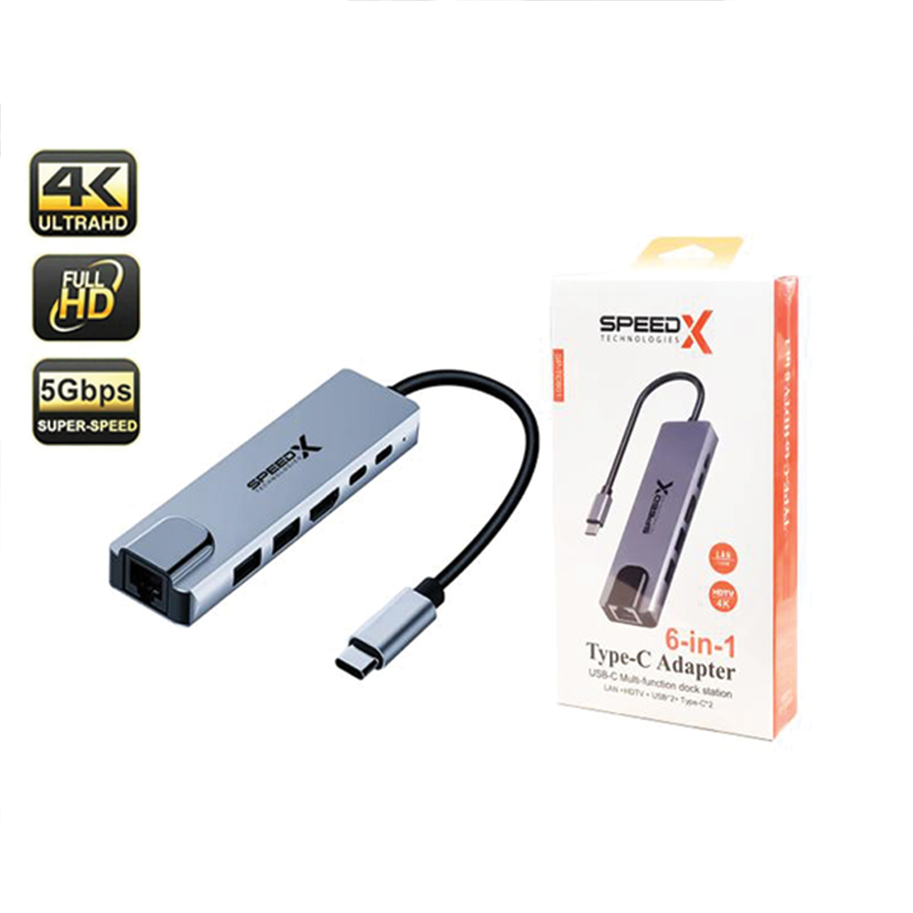 SPEED-X SP-TC601 6 in 1 USB Type C Hub 4K HDMI VGA LAN Ethernet USB 3.0 PD Charging Multiport Adapter for Laptop, Compatible with USB-C Devices