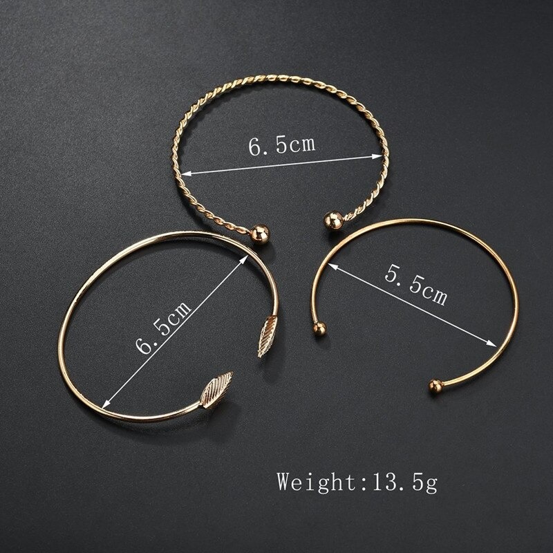 Elegant Leaf Open Bangle Bracelet for Women 3pcs-Set