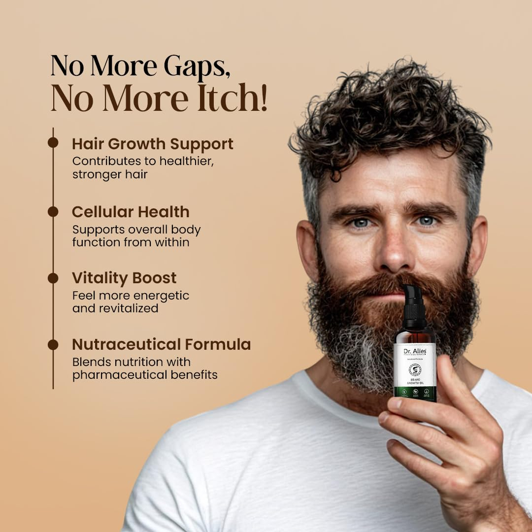 Dr. Alies Professional Beard Growth Oil for Men | Natural Beard Growth Serum with Rosemary, Castor & Herbal Oils | Helps Fill Patchy Beard, Strengthens Hair Roots, Softens & Conditions Beard | Promotes Thicker, Fuller, Healthier Beard Growth