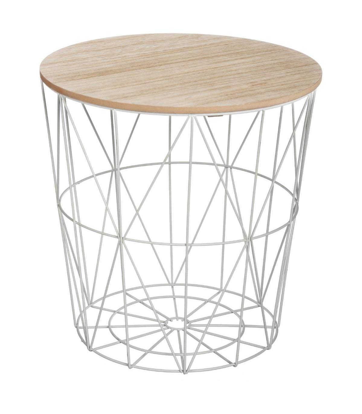METAL WIRE REMOVABLE WOOD TOP FOLDABLE ROUND COFFEE SIDE TABLE STORAGE BASKET( 16 L 16 W 18.5 H )