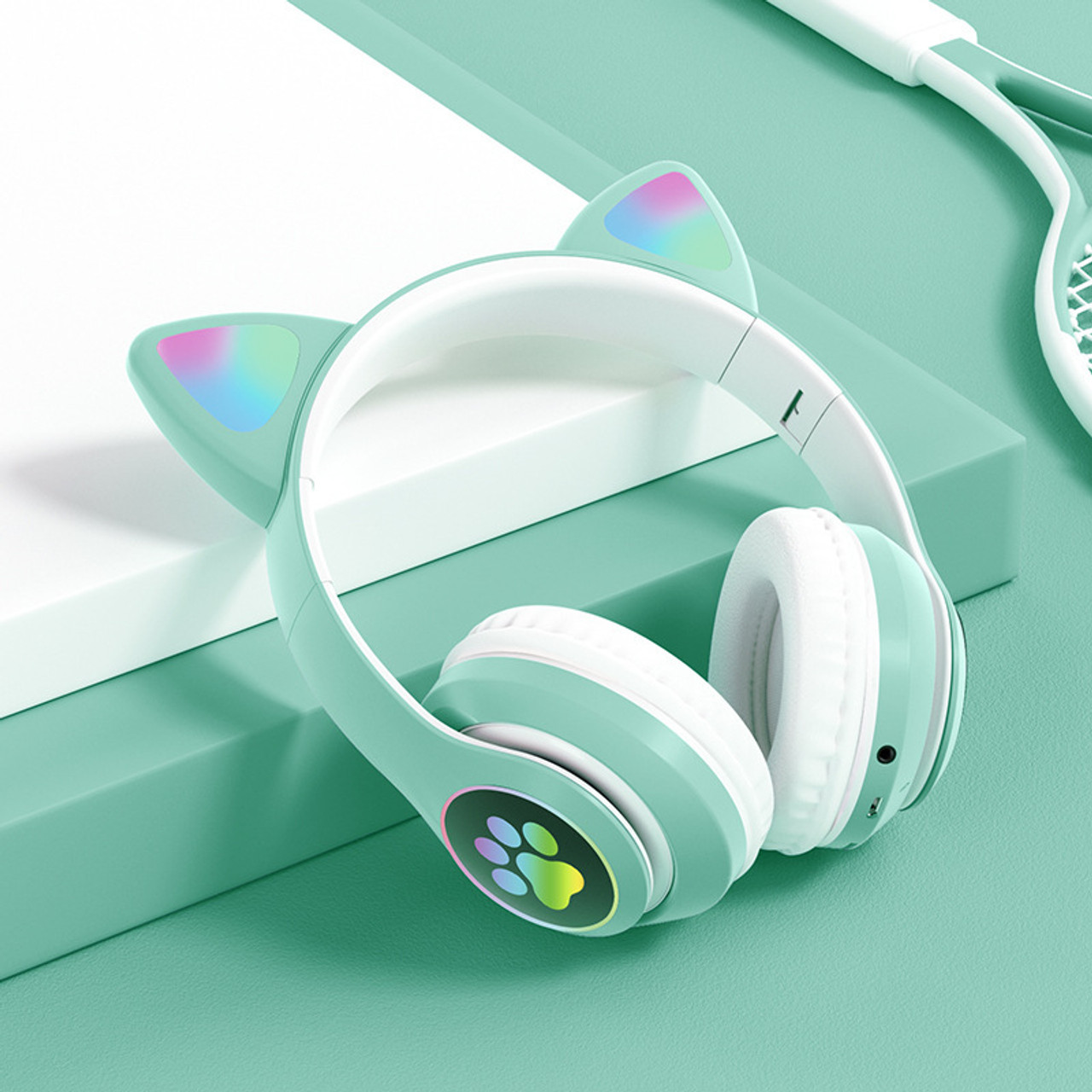 New STN 28 Cat Ear Bluetooth 5.0 Stereo Headset with RGB Lighting, Microphone, TF Card Support, and Universal Compatibility