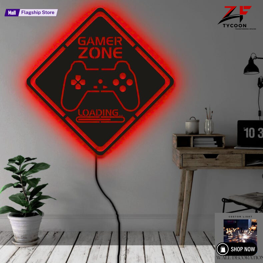 ZF Gamer Zone Led Lights Wall Art, Game Room Wood 7mm Thickness Imported Sheet Wall Art With Led Lights, Decoration For Gaming Room, Video Game Decoration, Gaming lamp