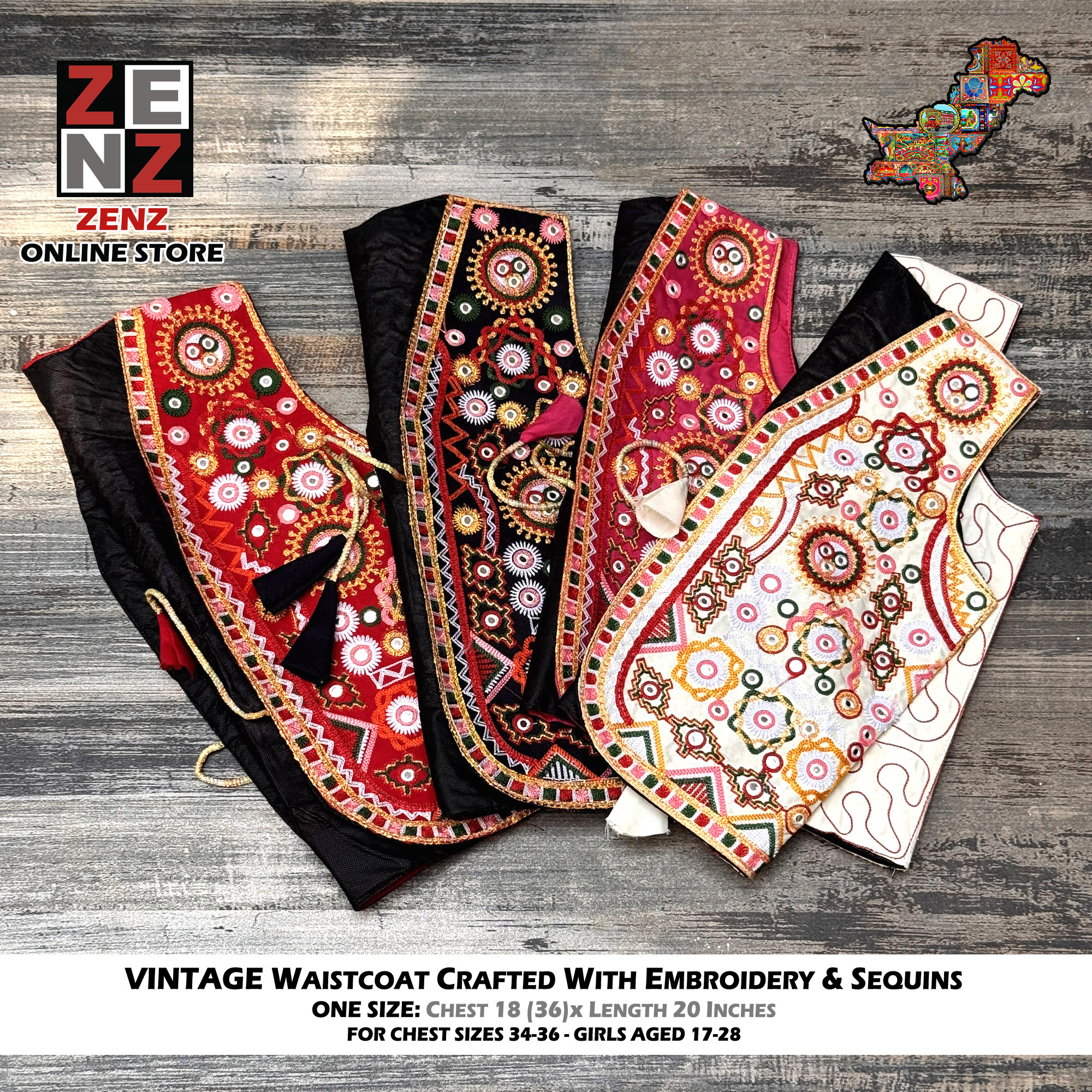 Pakistani Sindhi Turkish Style Vintage Koti Waistcoat for Adult Females Multicolour Embroidered by ZENZ Traditional Wear Crafts