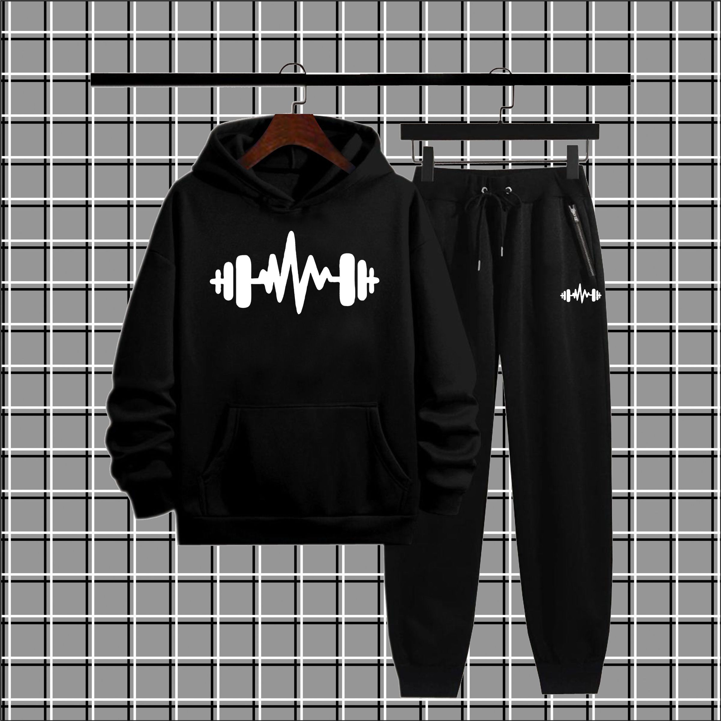 black trendy dumbell printed fleece tracksuit for men and boys