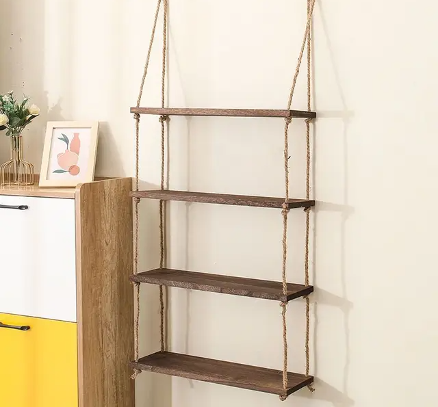 Wall hanging Painted Brown original wood 1 2 3 & 4 shelf Rope shelf