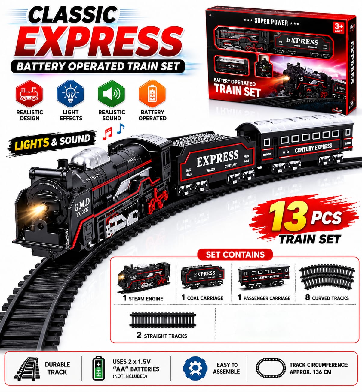 Rail King Classic Train Toy Set with Light & Sound, Battery Operated, Educational Play Vehicles for Kids