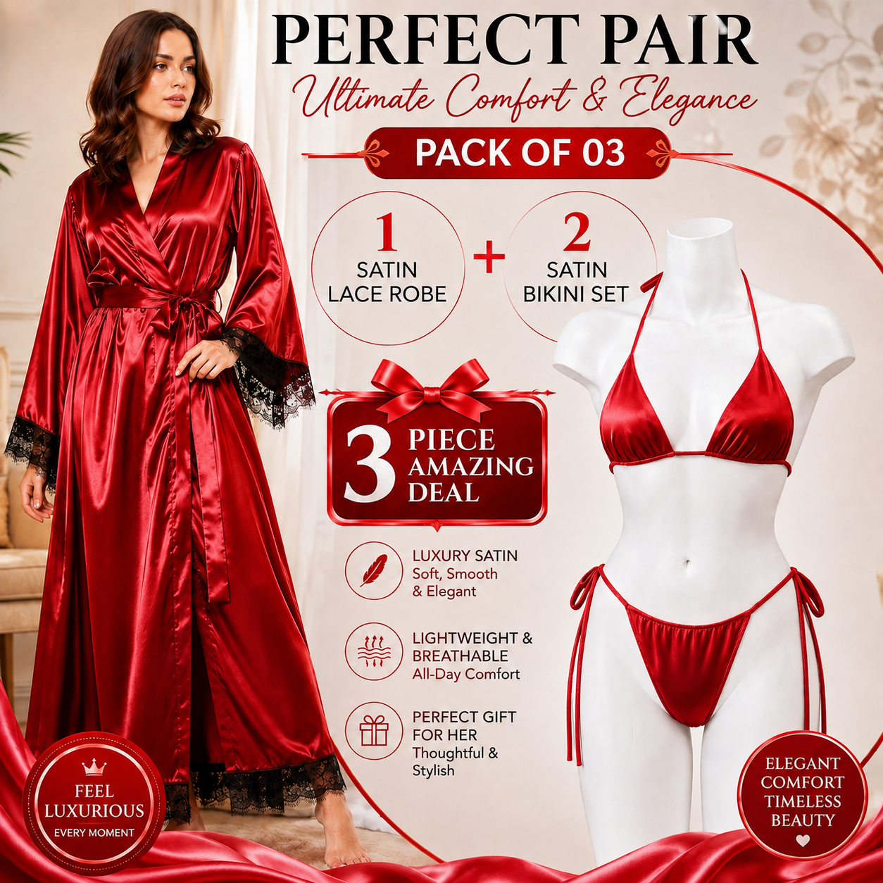 Pack of 03 - Pure Satin silk saxy hot honey moon nighty set, saxy nighty, saxy nighty dress for women, saxy night suit for girls, hot saxy night suit for Girls, Satin Silk Gown Night Dress Satin Robe Short Kimono for Bride Lace with Bikni Set - Red
