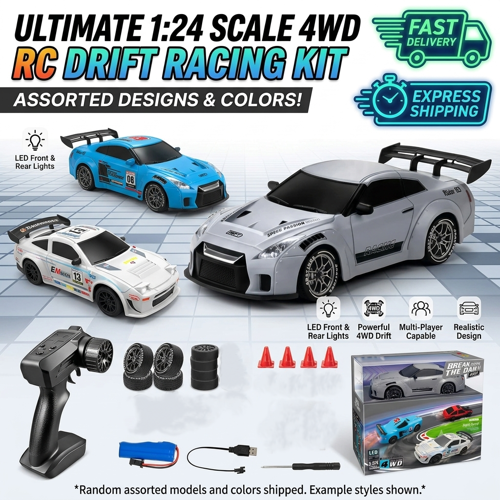 KIDDO KASTLE -  Remote Control Speed Racing 1:24 RC Nissan GTR Drift Car | 2.4GHz 4WD 20KM/H High-Speed Remote Control Racing Car with LED Lights, Music, USB Rechargeable Battery & Replaceable Drift Tires Competition Race Car Toy For Kids | Assorted COLOR