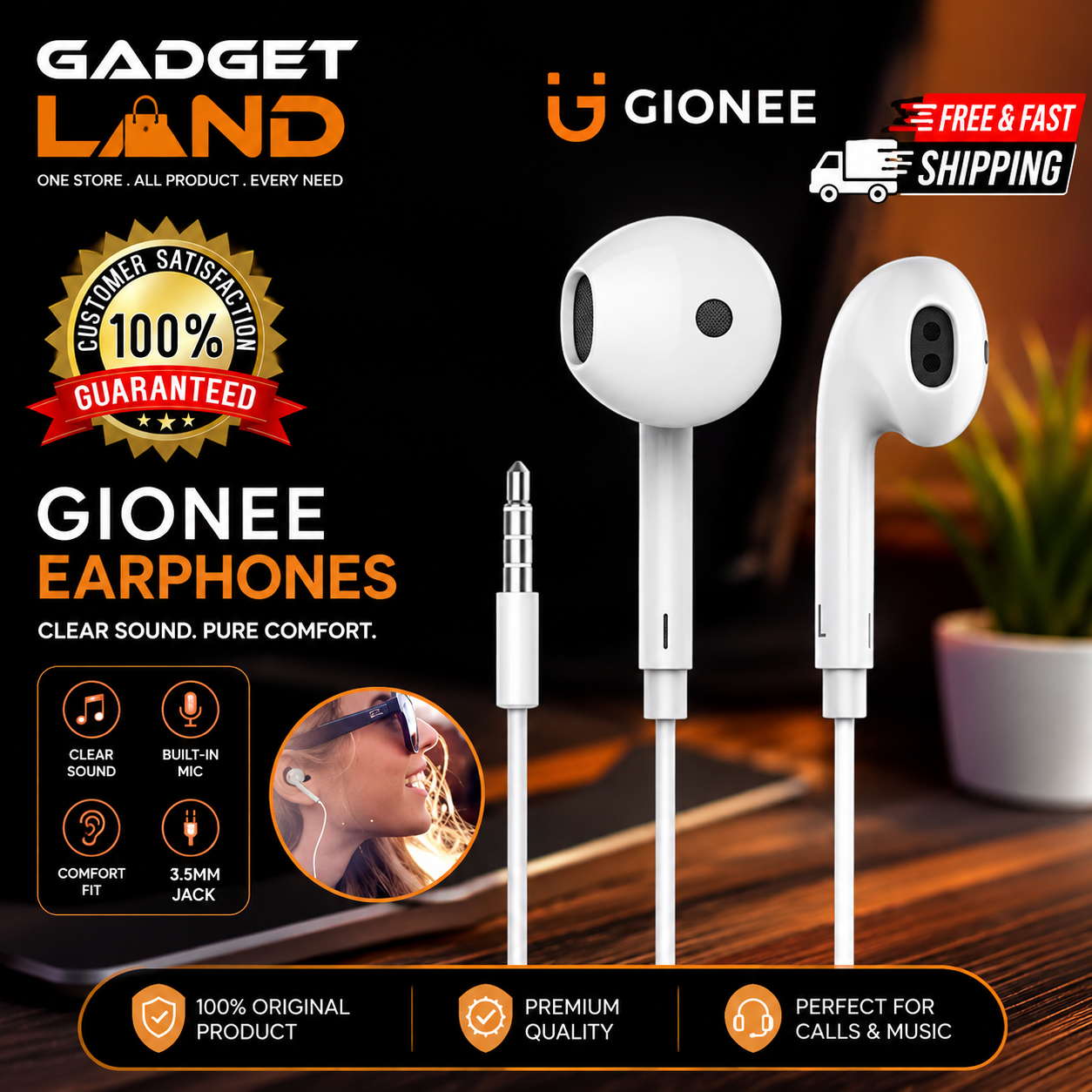 100% Orignal Gionee Handsfree Headset Earphone_Imported Original Deep Bass Sound_Gaming Earphones Stereo Sound Sweat Proof Crystal Clear Audio Earphones_3.5mm Jack With Microphone for Calling And Songs Music