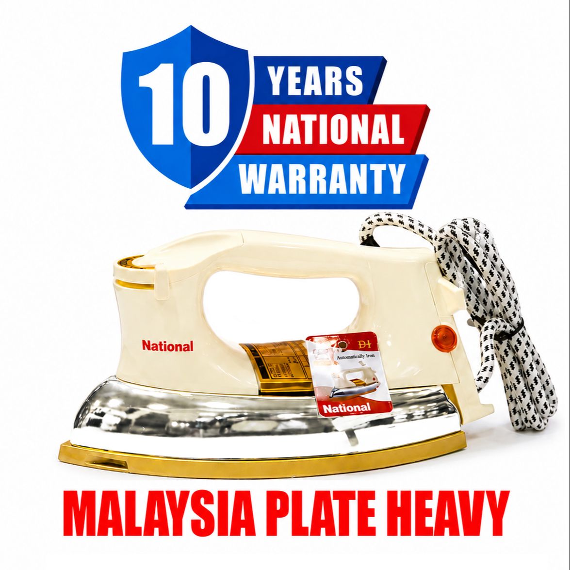 Nation-al Iron GOLD HEAVY PLATE Japan Heavy Weight 400W Inverter Technology 2.2 Amp Energy Saving 10 Year Warranty, Dry Iron